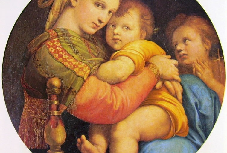 Raffaello Sanzio: Madonna della seggiola, Firenze Palazzo Pitti (diam. 71 cm.).